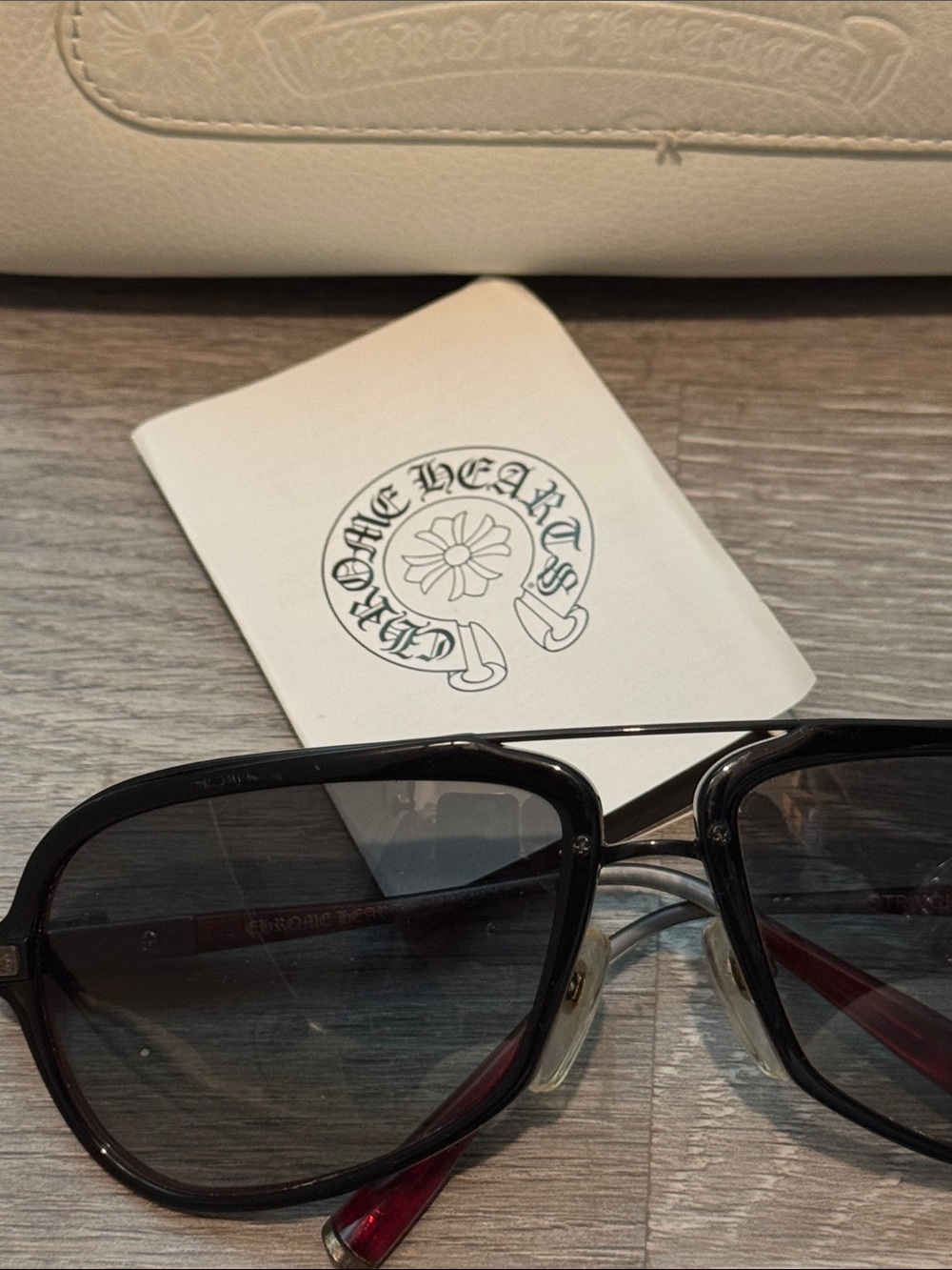 Chrome Hearts Black Sunglasses with Gradient Lenses and Dark Red Temples